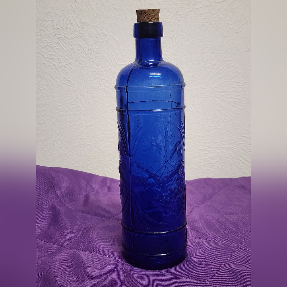 Vintage Cobalt Blue 11.5"T Grapes & Leaf Embossed Decorative Bottle 30 Years Old